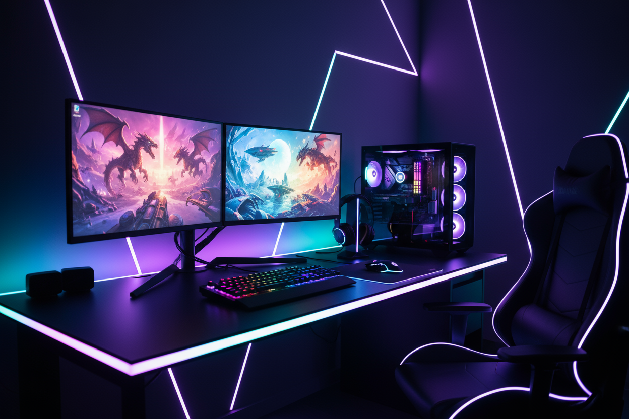 cool gaming set up with LED lights