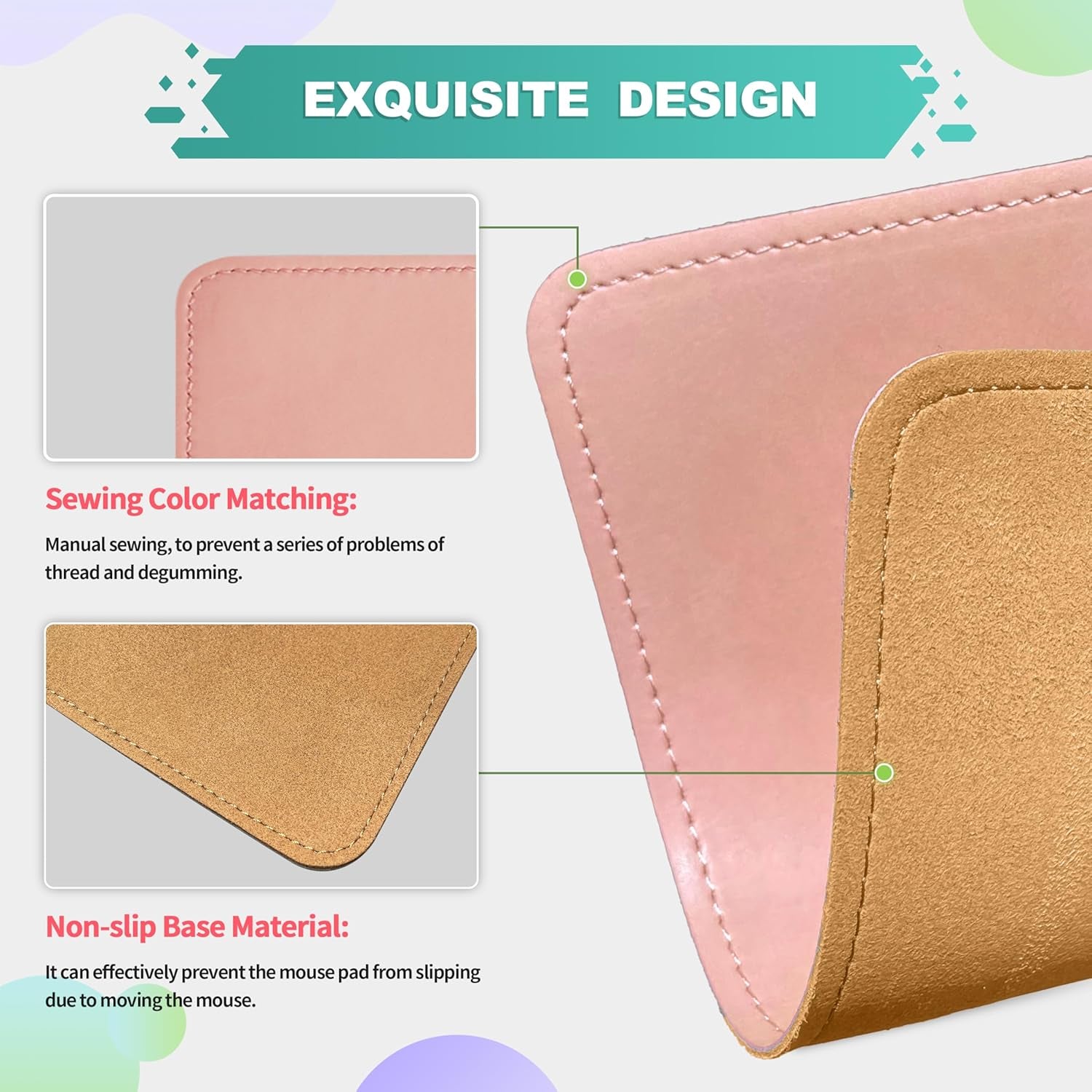 Mouse Pad, PU Mouse Pad，Leather Mouse Pad with Stitched Edge Micro-Fiber Base with Non-Slip Waterproof，Mouse Pad for Computers，Laptop, 8X11Inch (Light Pink)