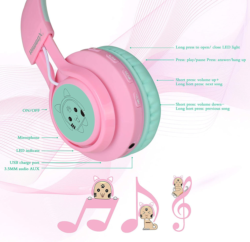 CT-7 Cat Ear Bluetooth Headphones, LED Light up Bluetooth Wireless over Ear Headphones with Microphone and Volume Control for Travel/School/Smartphones/Laptop/Pc/Tv (Pink&Green)