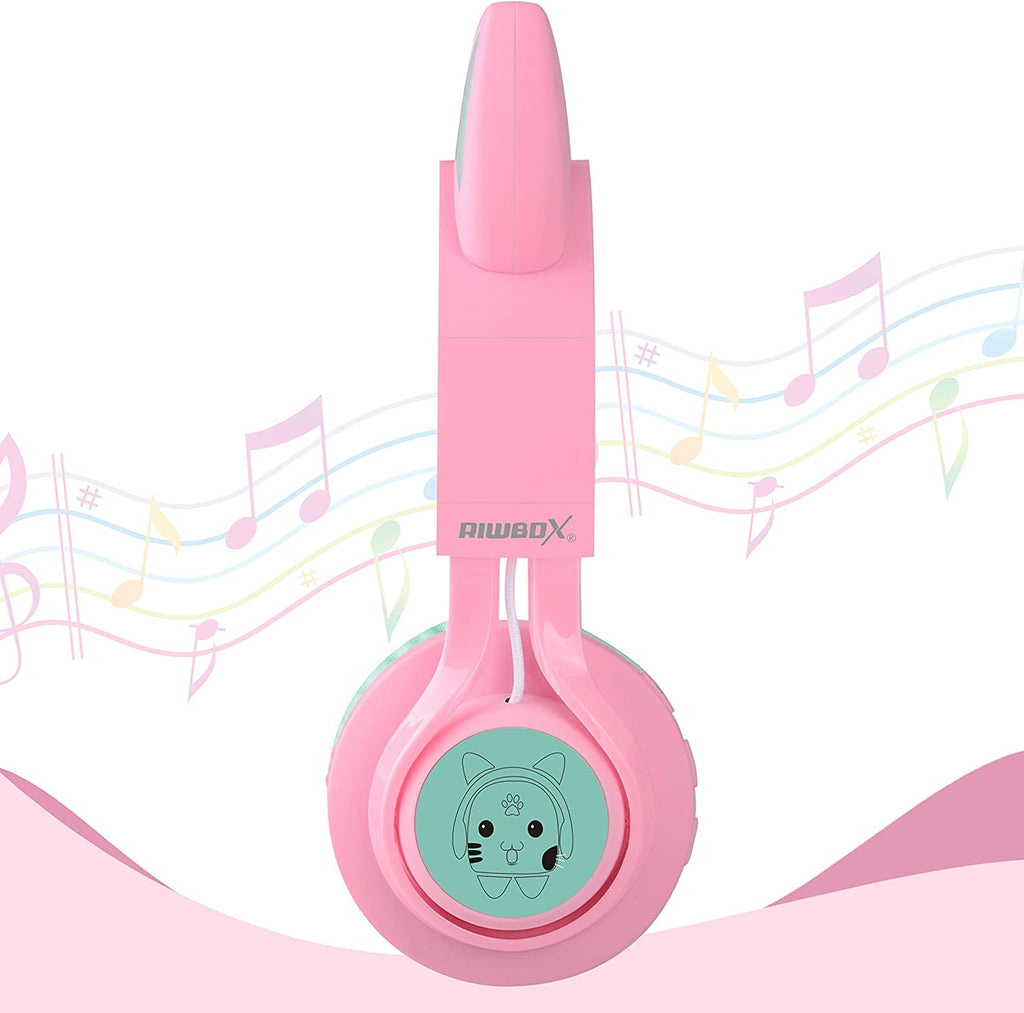 CT-7 Cat Ear Bluetooth Headphones, LED Light up Bluetooth Wireless over Ear Headphones with Microphone and Volume Control for Travel/School/Smartphones/Laptop/Pc/Tv (Pink&Green)