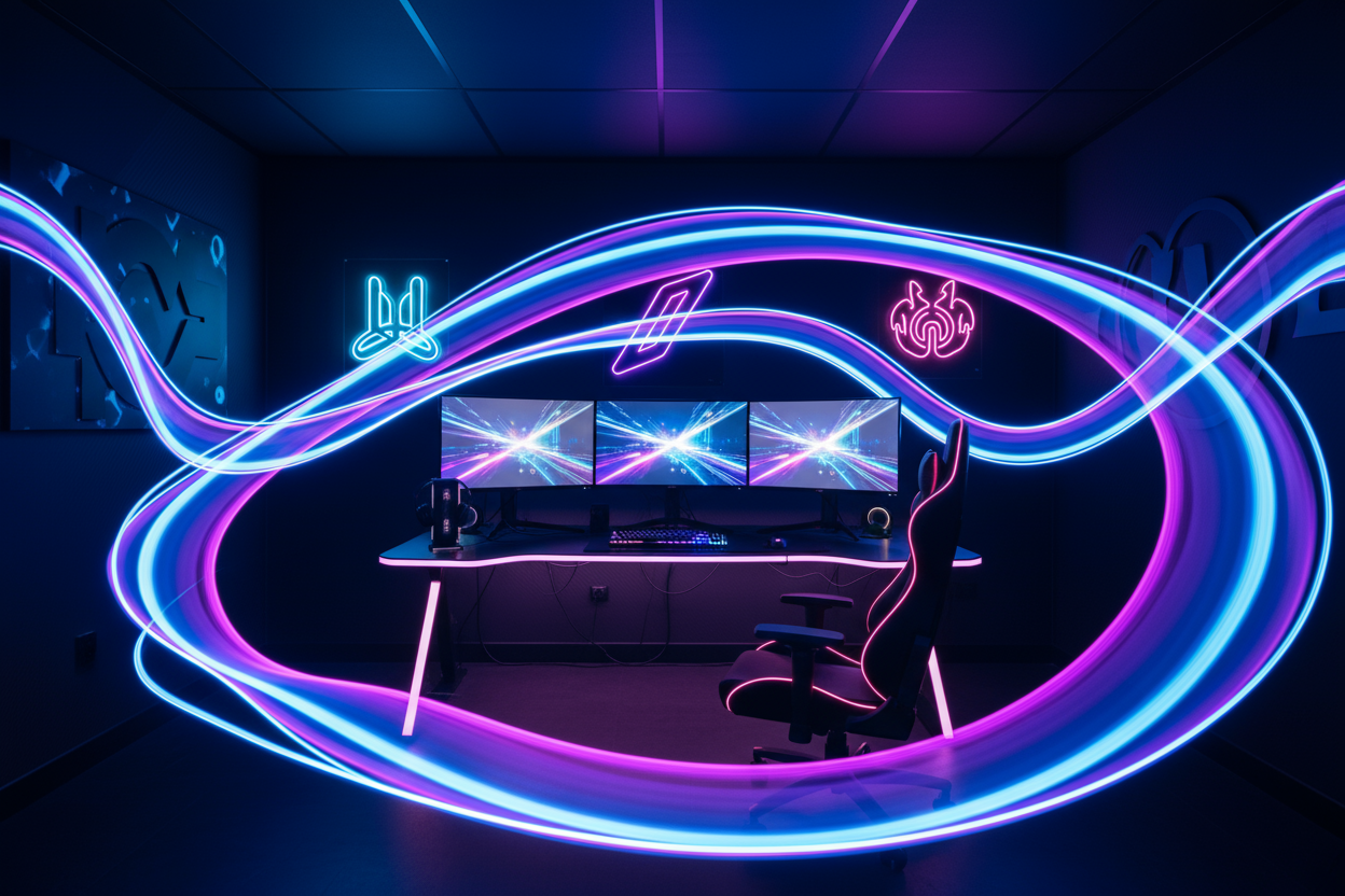 gaming room with moving LED lights
